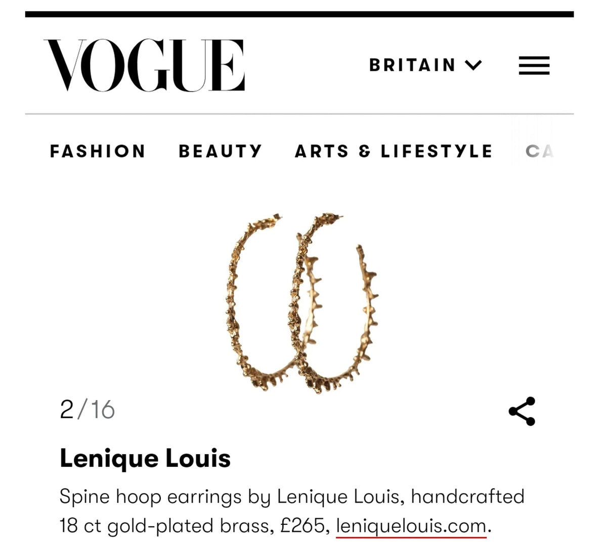 Vogue Jewellery News And Features: Lenique Louis Spine Hoops Lenique Louis