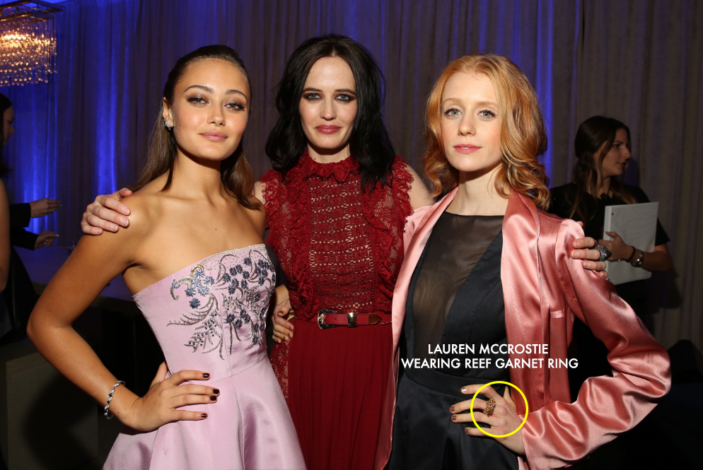 Hollywood actress Lauren McCrostie wears Lenique Louis Luxury Statement Gold Rings At Saks Hollywood Afterparty Lenique Louis